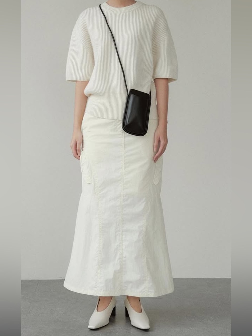 Cream Nylon Maxi A-Line Utility Skirt
